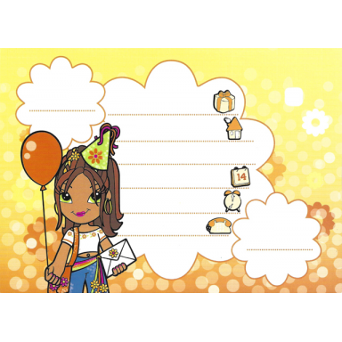 clikits paper party invitation with daisy character holding balloon and envelope on orange gradient background pattern