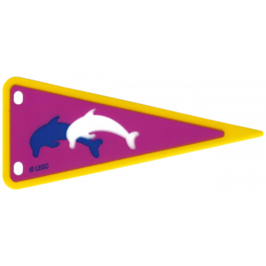 plastic part for set 5845 - dark pink and yellow pennant flag with blue and white dolphins pattern