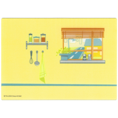 plastic part for set 5940 - kitchen backdrop with shelf whisk ladle towel and window with blinds pattern
