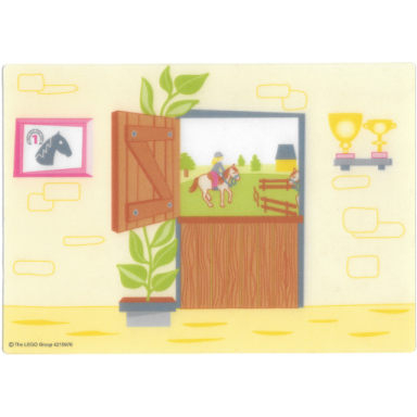 plastic part for set 5941 - horse stable backdrop with award in frame house plant split wooden door and trophies on shelf pattern
