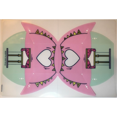 plastic tent with bright pink top and light aqua bottom with banner windows zippers and heart pattern