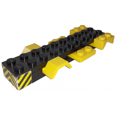 stickered assembly 10 x 4 x 1 with black and yellow danger stripes pattern sticker - set 622 - 2 black plate 2 x 10 1 black plate 2 x 2 1 yellow plate 2 x 4 1 yellow vehicle mudguard 2 x 4 with arch smooth 1 yellow vehicle mudguard 2 x 4 with arch studded