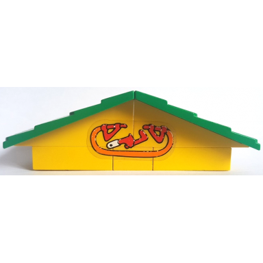 stickered assembly 12 x 4 x 3 1 3 with pipe wrench and gas fuel pump with hose pattern sticker - set 3670 - fabuland roof support slope 6 x 2 with green fabuland roof slope without chimney hole 1 brick 2 x 2 without inside supports 2 brick 2 x 4