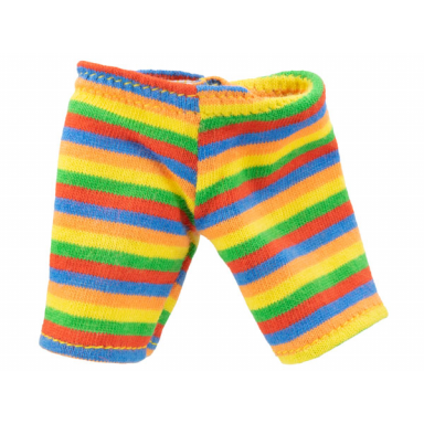 duplo doll cloth pants with red blue orange yellow and green rainbow stripes pattern