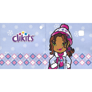 clikits paper gift tag with hole with logo snowflakes diamonds and daisy character on light blue background pattern