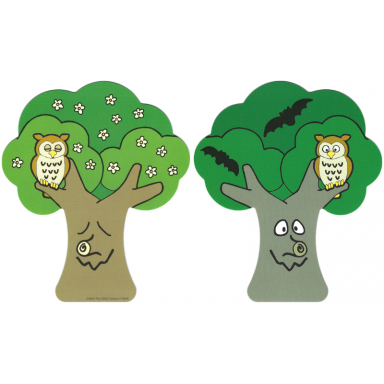 plastic part for sets 3615 and 9131 - tree backdrop with flowers and owl bats and owl pattern