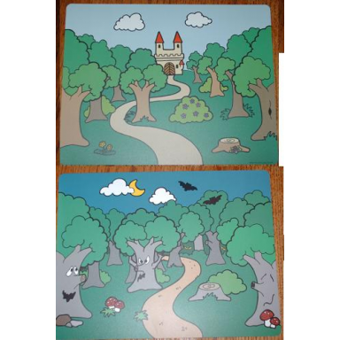 plastic part for sets 3615 and 9131 - scene backdrop with castle in forest forest at night pattern