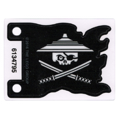 plastic part for sets 70603 and 70605 - black tattered flag with white skull with eye patch and conical asian hat over crossed katanas pattern