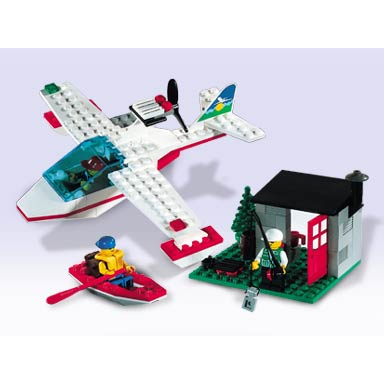 sea plane with hut and boat