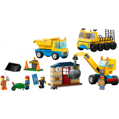 construction trucks and wrecking ball crane