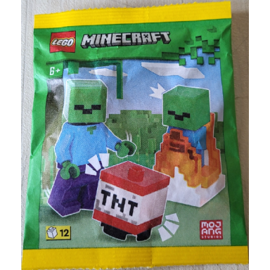 zombie with burning baby zombie and tnt paper bag