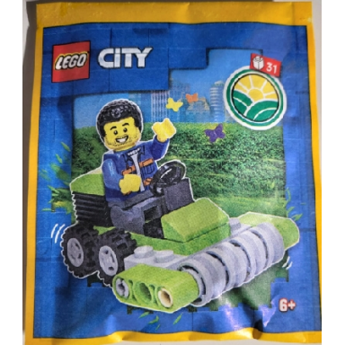 worker with lawn mower paper bag