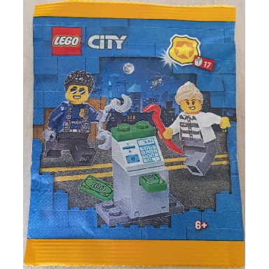 policeman and crook with atm paper bag