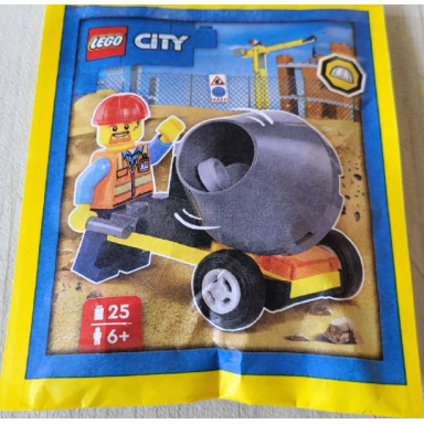 builder with cement mixer paper bag