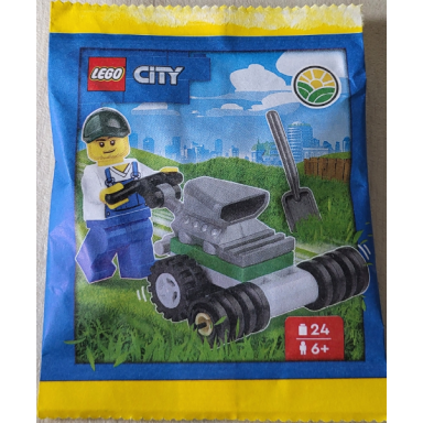 farmer with lawn mower paper bag