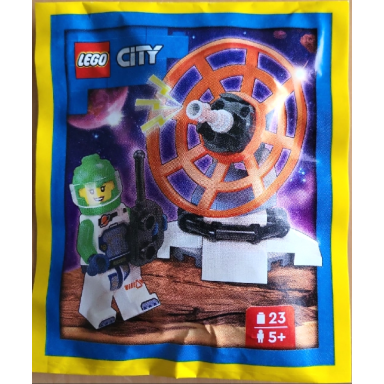 astronaut with space satellite paper bag